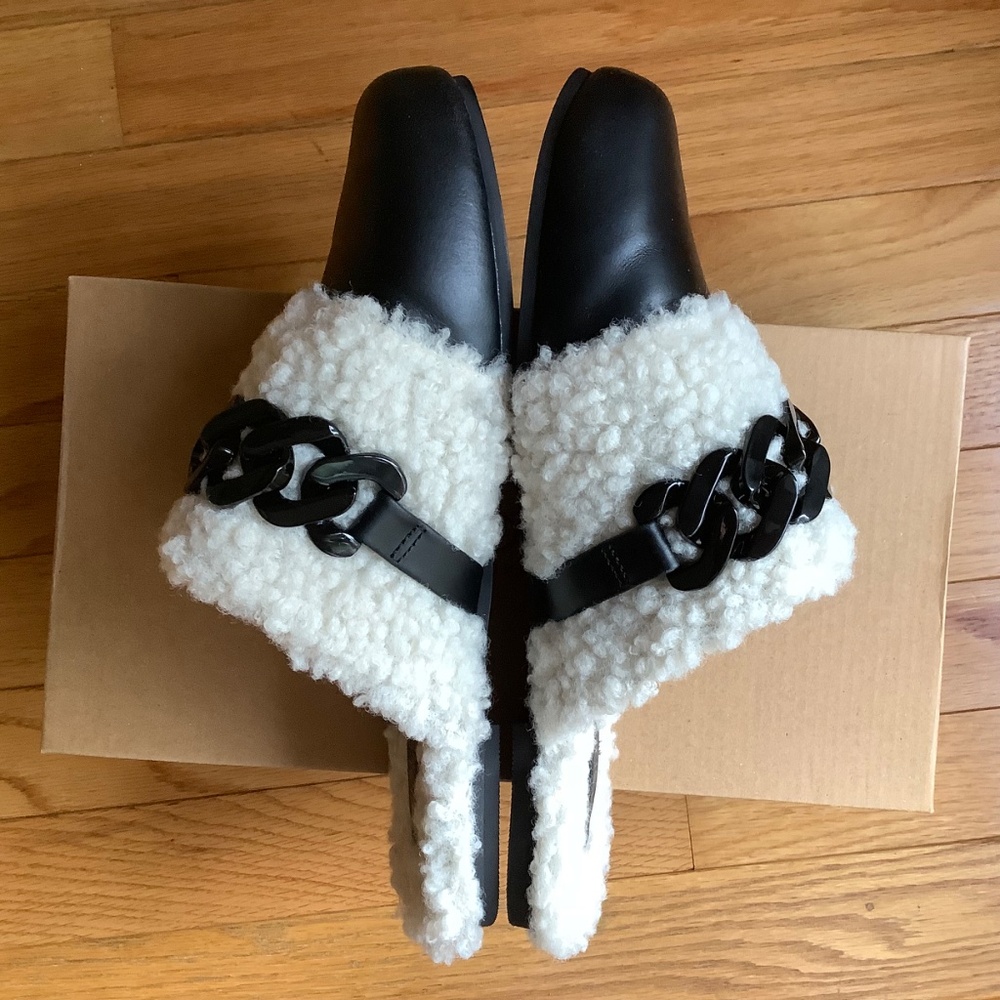 Kelsi Dagger Chunky Chain Faux Shearling Leather Slip-On Mule  Black SZ 9.5 - Picture 11 of 14